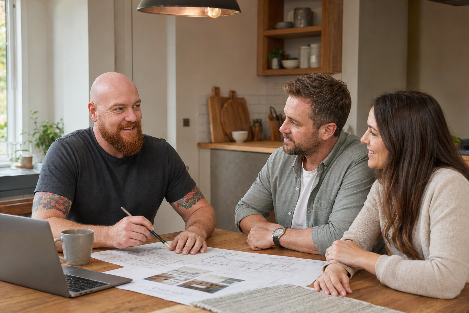 An Arkiplan designer talking a couple through their renovation plans
