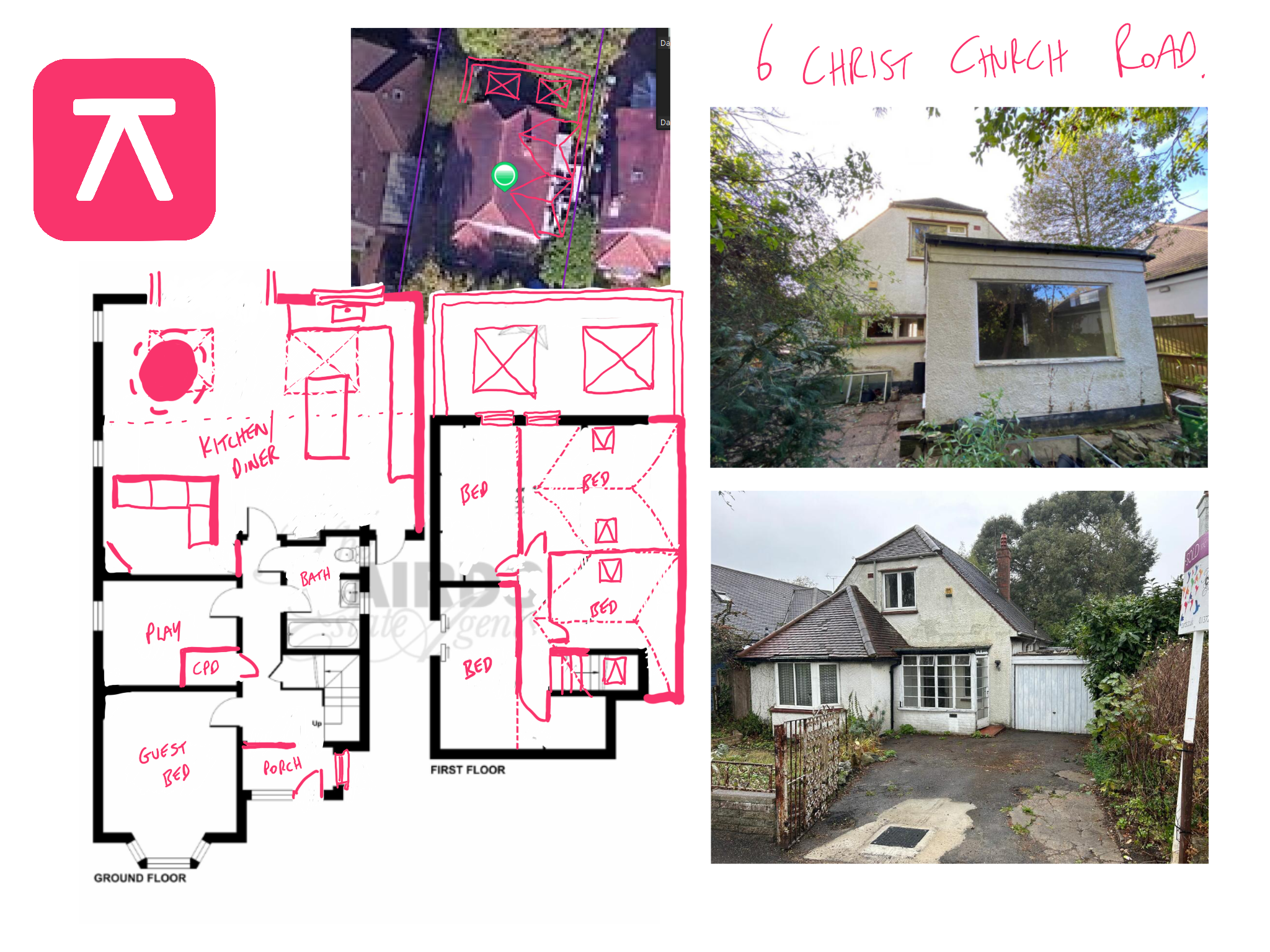 A sheet of Dave's sketch ideas — annotated floor plans and site photos