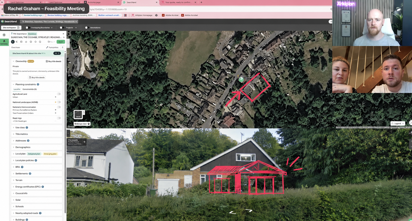 Dave and two homeowners reviewing their property during an Arkiplan feasibility meeting